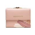 Portafoglio corto da donna in pelle PU rosa con stampa di foglie e chiusura oro - Rosa