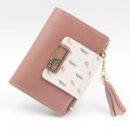 Portafoglio corto da donna in pelle PU rosa antico con stampa di foglie e nappa - Rosa Antico