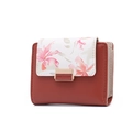Short fold brick red PU leather wallet for women with white floral print and gold buckle - Vermilion