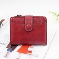 Short red PU leather wallet for women with snap closure and top zipper pocket - Wine Red
