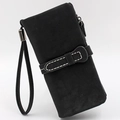 Black long PU leather wallet with white stitching, matte finish, and a wrist strap - Black