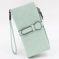 Mint green long PU leather clutch wallet with strap and snap buckle closure - Light Green