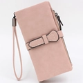 Pink matte leather long wallet for women with zipper closure and wrist strap - Pink