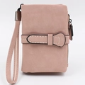 Short minimalist light pink leather wallet with decorative strap and wristlet strap - Pink