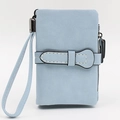 Short light blue matte PU leather folding wallet for women with wrist strap and zipper - Light Blue