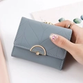 Short blue-grey tri-fold wallet for women with leaf stitching and floral magnetic clasp - Sky Blue