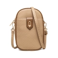 Khaki mini crossbody phone bag with geometric pattern and heart gold buckle on white back - Apricot