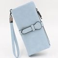 Sky blue long matte zipper wallet for women with decorative buckle and wrist strap - Light Blue