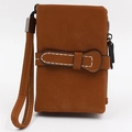 Short brown frosted leather wallet for women with wristlet strap and white stitching - Brown