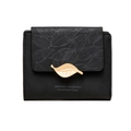 Women's black short trifold wallet with gold leaf buckle and embossed leaf texture - Black