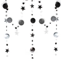 Ghirlanda di stelle e cerchi neri glitterati e argento a specchio per feste - 4 Metri Prodotto Finito / Ghirlanda del Cerchio della Stella d'Argento