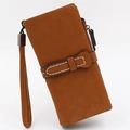 Caramel brown long PU leather wallet for women with wristlet and secure metal zipper - Brown