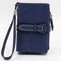 Short dark blue matte leather wallet for women with wristlet strap and stitching detail - Ink Blue