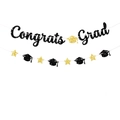 Glinsterende Congrats Grad banner set met zwarte letters, gouden sterren en hoeden - Afstudeerseizoen Banner
