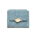 Morandi blue short tri-fold wallet for women with golden leaf buckle and matte texture - Blue