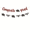 Glittery Congrats Grad banner and black mortarboard scrolls for graduation party decor - Black Red