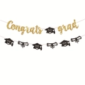 Golden glitter Congrats Grad banner set with black graduation caps for party decor - Black Gold