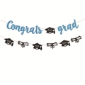 Blue and black glittery Congrats Grad banner featuring mortarboard and scroll charms - Black Blue