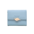 Close-up of light blue trifold wallet featuring a rose gold leaf buckle and printed text - Pale Blue