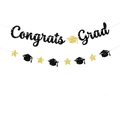 Black and gold glitter Congrats Grad banner with graduation caps and stars for party decor - Graduation Season Banner