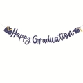 Detail of glittery navy blue Happy Graduation banner with gold tassel cap and gown icons - Graduation Banner Blue