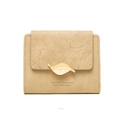 Beige trifold short wallet for women with golden leaf buckle and matte texture - Apricot