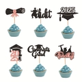 Close-up of black and pink glitter 2025 graduation cupcake toppers with diverse designs - 12-Piece Set / Black Pink