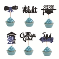 Glittery 2025 graduation cupcake toppers featuring Congrats Grad and mortarboard caps - 12-Piece Set / Black and Blue