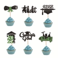 Detailed close-up of 2025 graduation cupcake toppers with black and gold glitter accents - 12-Piece Set / Dark Green