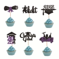 Macro view of 2025 graduation cupcake toppers with black and purple glitter details - Black Purple