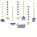Blue and gold graduation party hanging decorations with Congrats GRAD 2025 signs - Graduation Theme Glitter Banner Set (c'p)
