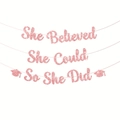 Pink glitter graduation banner with She Believed She Could So She Did text and mortarboard icons - Pink