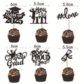 12-piece graduation cake topper set with Class of 2025 glitter black cardstock designs - Graduation Theme Styles