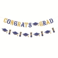 Detail of blue and gold Congrats Grad banner with glitter graduation cap and diploma - Blue