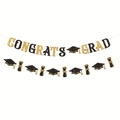 Detail of glittery Congrats Grad banner with graduation caps and diploma scrolls - Black Gold