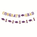 Detail of glitter purple and gold Congrats Grad banner with cap and scroll icons - Purple