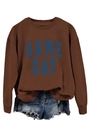 Close-up of Game Day 3D lettering on brown long sleeve crewneck sweatshirt flat lay - S / Coffee