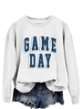 Close-up of a white Game Day sweatshirt with navy blue shadow lettering and denim shorts - S / White
