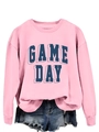 Close-up of Game Day 3D shadow lettering on pink cotton blend long sleeve sweatshirt - S / Pink