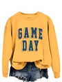 Close-up of GAME DAY embossed navy blue lettering on a mustard yellow crewneck sweatshirt - S / Yellow