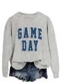 Detail of blue GAME DAY 3D typography on grey crewneck long sleeve sweatshirt - S / Gray