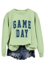 Detailed view of light green crewneck sweatshirt featuring navy GAME DAY 3D typography - S / Olive Green