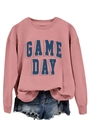 Close-up of GAME DAY blue embossed letters on a dusty pink crewneck sweatshirt - S / Rose Gold