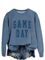 Detailed close-up of blue GAME DAY crewneck sweatshirt with 3D embossed letter print - S / Blue