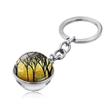 Double-sided glass orb keychain with gold Tree of Life design on a silver metal chain - Golden Background Black Tree Silhouette Style (JY004138-9)