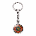 Silver metal firefighter keychain with colorful Maltese Cross emblem on white background - Fire Dept Red Blue Badge Style (JY005127-7)