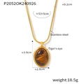 Gold plated stainless steel necklace featuring a large oval tiger eye stone pendant - Gold Tone Tiger Eye Pendant Necklace (P2052)