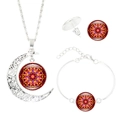 Mandala-Blumen-Schmuckset mit Mondsichel-Halskette, Armband und Ohrsteckern - Rot Gelb Lila Mandala (S8015)