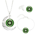 Silbernes Mandala Schmuckset mit Mondhalskette, Armband und runden Ohrsteckern - Grün Gelb Schwarz Mandala (S8018)