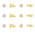 Close-up of 12pcs gold and silver glitter snowflake and One cake toppers on white background - Gold